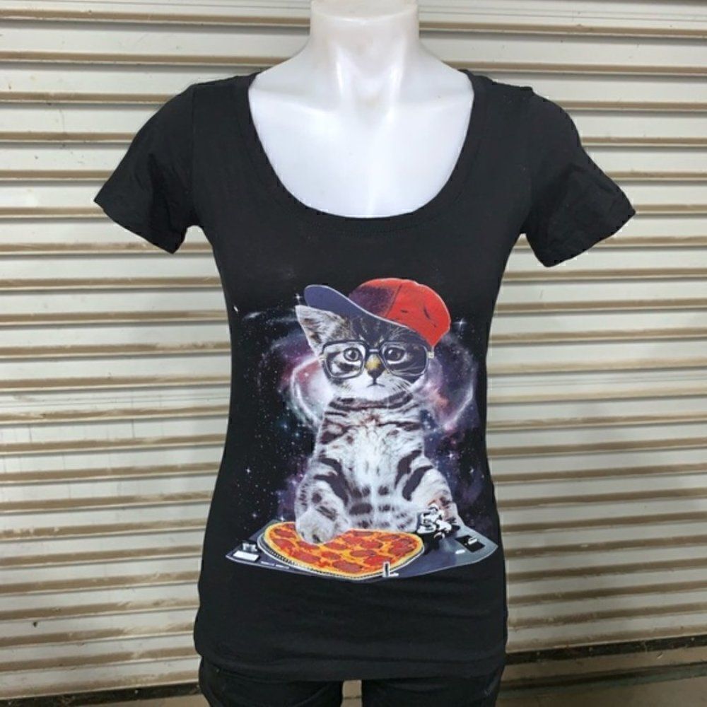 A.Lab black T with DJ cat spinning a pizza